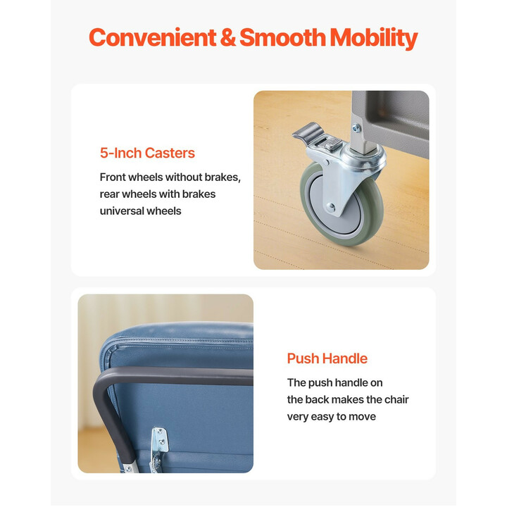 Geriatrinen lepotuoli D574-BR, 3-asentoinen, pyörillä, sininen istuin, irrotettava tarjotin, sairaala- ja hoivakäyttöön