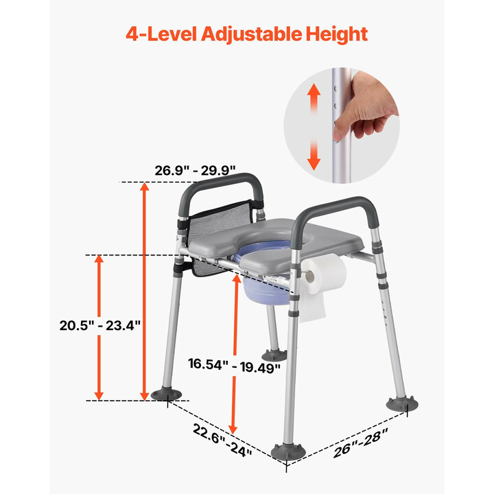 Sängynvierus-wc ja wc-tukituoli 4-in-1, säädettävä, 227 kg, pehmustettu istuin ja käsinojat, irrotettava 5 l ämpäri senioreille