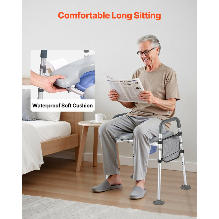 Sängynvierus-wc ja wc-tukituoli 4-in-1, säädettävä, 227 kg, pehmustettu istuin ja käsinojat, irrotettava 5 l ämpäri senioreille