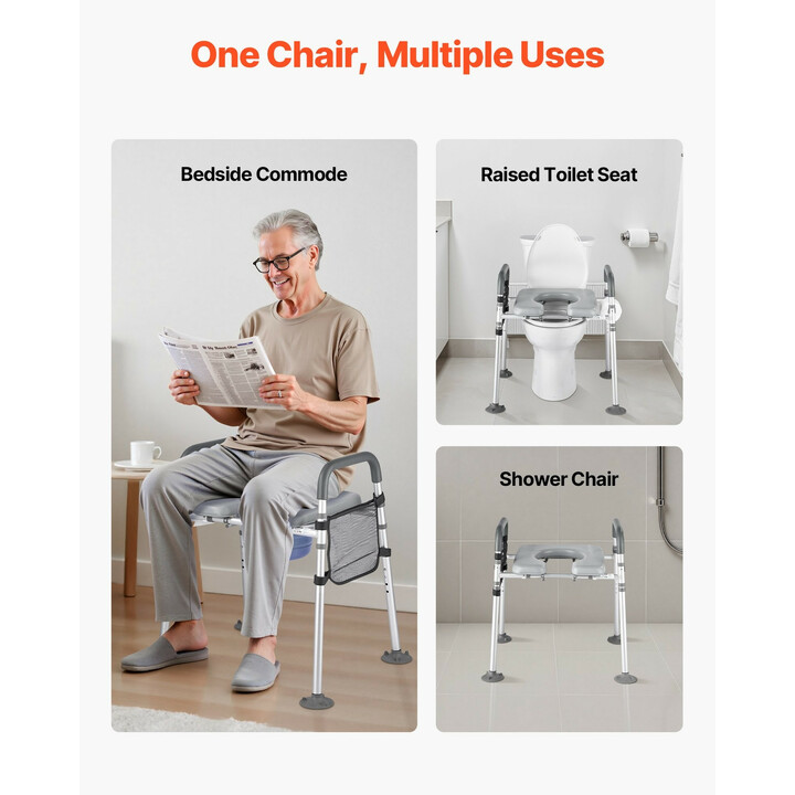 Sängynvierus-wc ja wc-tukituoli 4-in-1, säädettävä, 227 kg, pehmustettu istuin ja käsinojat, irrotettava 5 l ämpäri senioreille