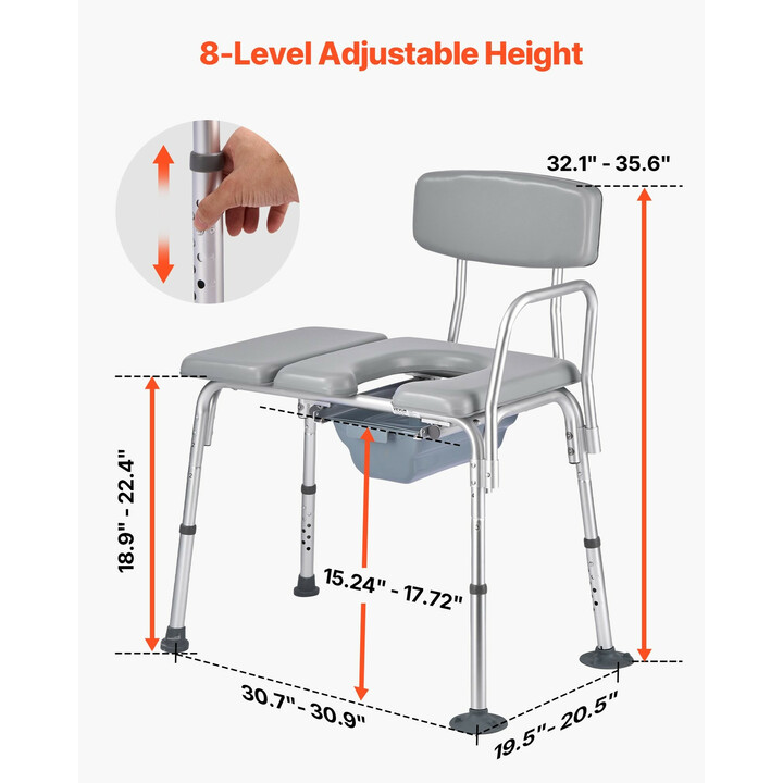 Monikäyttöinen yöpöydän WC-tuoli 4-in-1, säädettävä korkeus, teräsrunko, kantavuus 227 kg, ämpäri 5 l