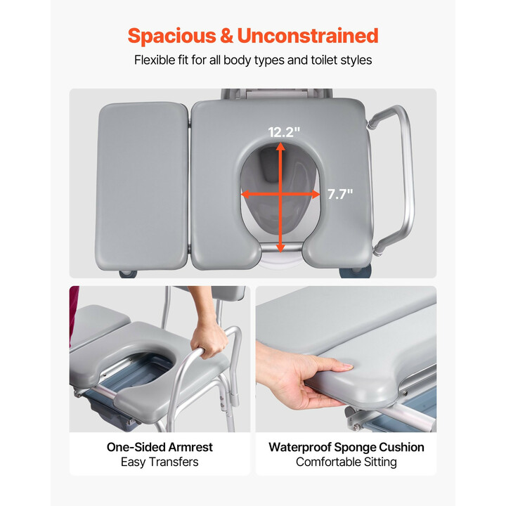 Monikäyttöinen yöpöydän WC-tuoli 4-in-1, säädettävä korkeus, teräsrunko, kantavuus 227 kg, ämpäri 5 l