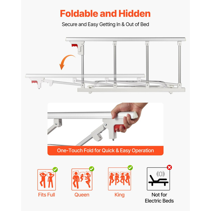 Taitettava sängynlaita senioreille 97 cm HFK-5115-1, metallinen tukikaide kiinnityshihnalla