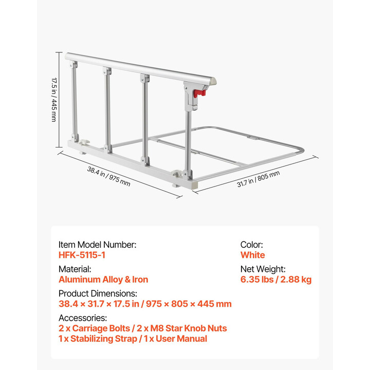 Taitettava sängynlaita senioreille 97 cm HFK-5115-1, metallinen tukikaide kiinnityshihnalla