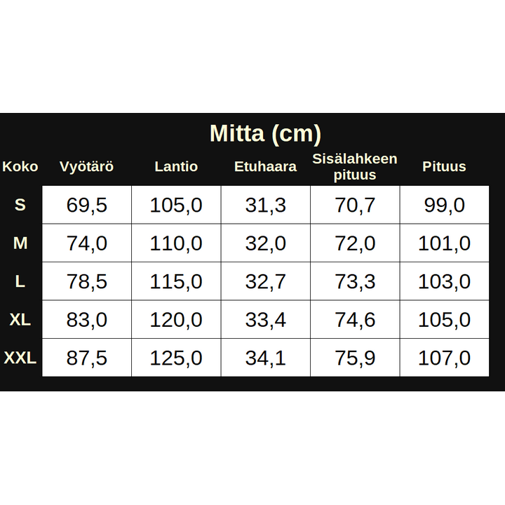 Helposti etupuolelta kokonaan vetoketjulla avattavat housut