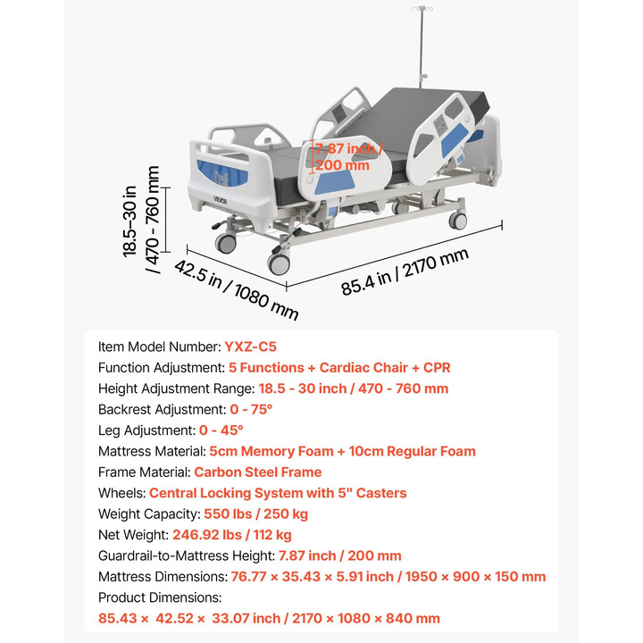 5-toiminen täyssähköinen sairaalasänky 250 kg Cardiac Chair- ja CPR-toiminnoilla