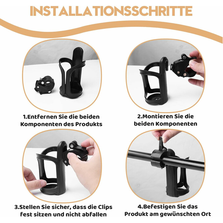 Helposti kiinnitettävä mukiteline pyörätuoliin ja rollaattoriin